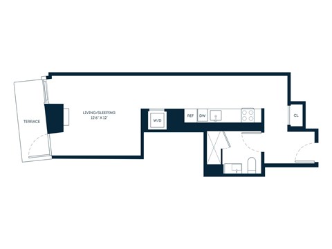 Floor plan for studio, 1 bath, 496 sqft